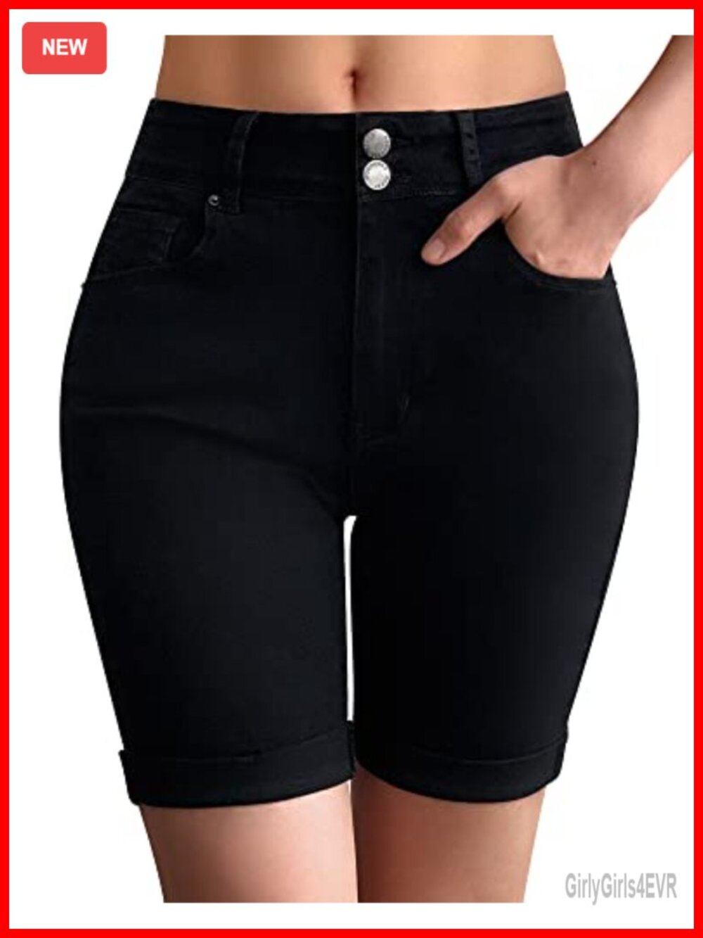 Mid Rise Stretchy Bermuda Jean Shorts with 5 Pockets
